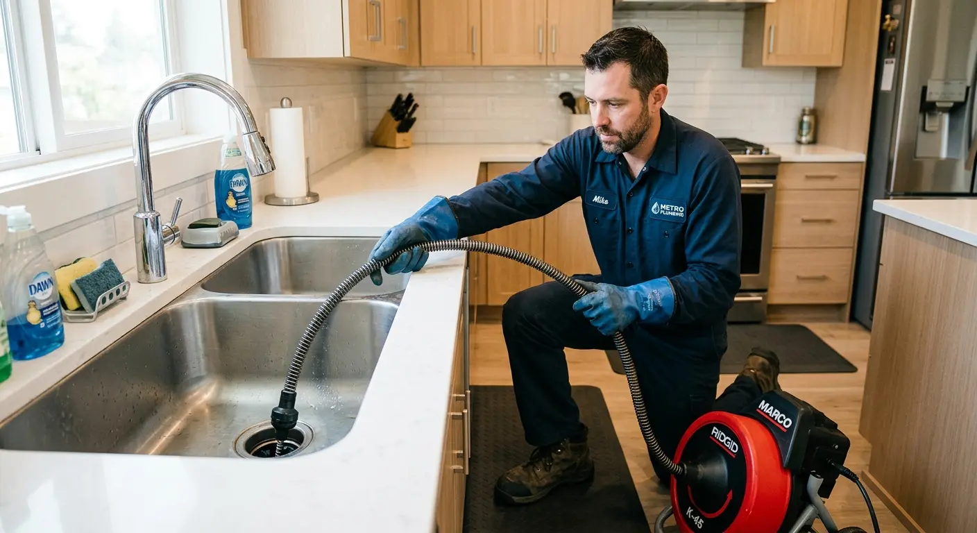 Drain cleaning technician using a motorized snake on a kitchen sink in Richmond
