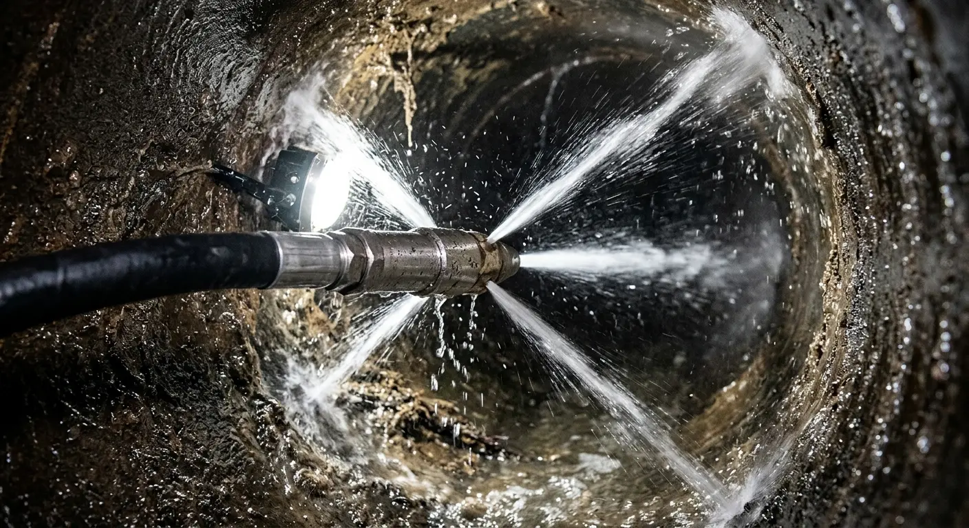 High-pressure hydro jetting nozzle cleaning sewer pipe for Emergency Drain Service in Richmond
