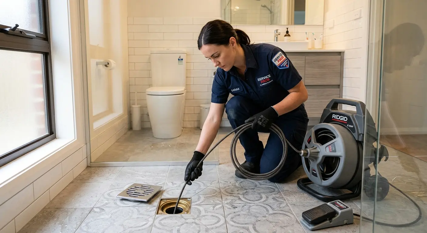 Technician clearing a bathroom floor drain for Hydro Jetting in Richmond
